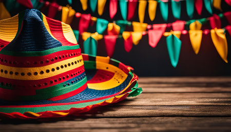 A colorful Brazilian hat on a wooden table with festive decorations. It's a vibrant symbol of Brazilian culture and celebration, ideal for a carnival or summer fiesta.の写真素材