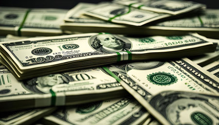 A close-up image of stacks of hundred dollar bills, showing wealth and abundance.の写真素材