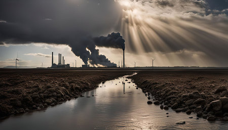 A power plant emits smoke into the air, creating a dark cloud against a background of sunbeams piercing through the sky. The image captures the contrast between nature and industrial activity.の写真素材