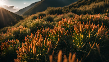A field of tall golden grass is illuminated by the setting sun, casting long shadows and a warm glow. The hills in the background add depth to the scene, creating a sense of peace and tranquility.の写真素材