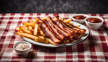 A close-up shot of a plate of crispy bacon and french fries on a red and white checkered tablecloth. The plate is surrounded by ketchup and dipping sauce.の写真素材