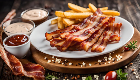 A plate of crispy bacon strips served with golden French fries and dips. The image captures the enticing aroma and the mouthwatering appeal of this classic comfort food.の写真素材