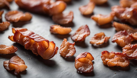 A close-up shot of crispy bacon slices, capturing their texture, color and inviting aromaの写真素材