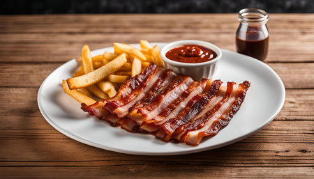 A plate of crispy bacon with french fries and a side of sauce. The bacon is arranged neatly on the plate and the fries are scattered around it.の写真素材