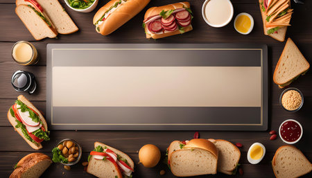 A variety of sandwiches arranged around a blank slate to create a delicious and appetizing lunch spread.の写真素材