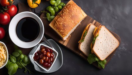 A close-up shot of a delicious sandwich with sauce and beans. The sandwich is cut in half and is arranged on a wooden cutting board. The ingredients include cheese, tomatoes, basil and other vegetables. It is a perfect meal for any occasion.の写真素材