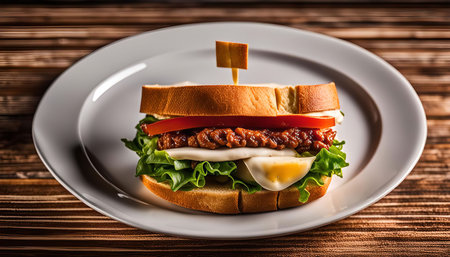 A delicious sandwich with tomato, lettuce, and egg on a white plate. The sandwich is on a wooden table.の写真素材