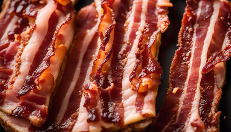 A close-up shot of crispy bacon, showing its rich color and inviting texture. The strips are perfectly cooked, with a slight sheen from the fat.の写真素材