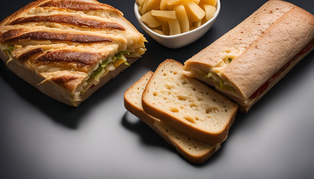 A top view of a plate with a variety of sandwiches, some with cheese, and sliced bread ready to eat.の写真素材