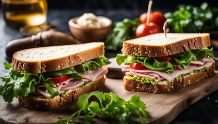 Two sandwiches with ham, lettuce, and tomatoes are ready to eat on a wooden cutting board.の写真素材