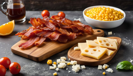 Close-up of crispy bacon, swiss cheese, and corn - ingredients for a delicious dish, ready to be assembled.の写真素材