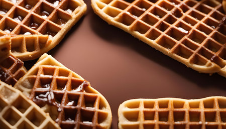 A closeup shot of golden waffles with a hint of caramel syrup, showing the crispy texture and sweet appeal of this classic breakfast treat.の写真素材