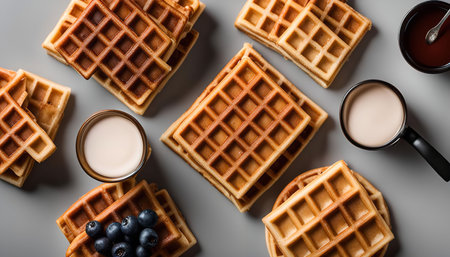 A delightful spread of freshly baked waffles, topped with blueberries, accompanied by milk and syrup for a satisfying breakfast.の写真素材
