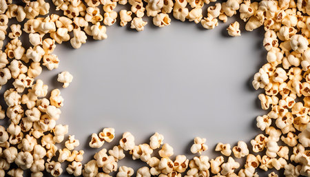 A close-up photo of popcorn arranged in a frame shape against a gray background.の写真素材