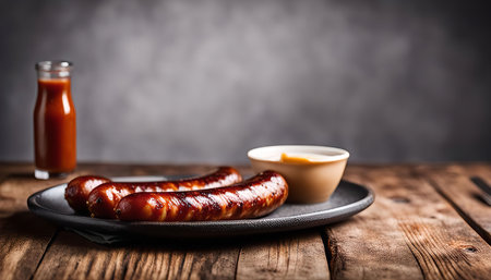 A close-up of three grilled sausages on a plate with a bowl of mustard and a bottle of ketchup in the background. The sausages are a vibrant brown color and have a char-grilled appearance.の写真素材