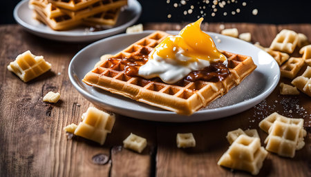 A plate of waffles topped with whipped cream, mango sauce, and chocolate syrup. The waffles are sitting on a wooden table with some scattered waffle pieces.の写真素材