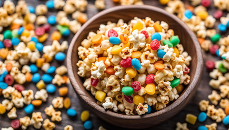 A bowl of popcorn with various candies, a colorful and delicious snack perfect for movie nights or parties.の写真素材