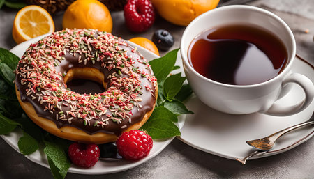 A chocolate glazed donut with sprinkles, served on a white plate with a cup of tea, raspberries, blueberries, and citrus fruits. The delicious and sweet treat is a perfect start to the day.の写真素材