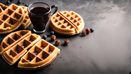 Close-up of waffles on a table with a cup of coffee, suggesting a delicious breakfast or snack.の写真素材