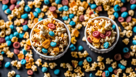 Two bowls filled with a delicious mix of popcorn, candies, and cereal.の写真素材