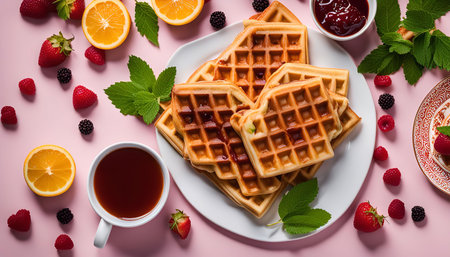 Close-up shot of a plate of waffles, with fresh strawberries, raspberries, and orange slices surrounding it. The waffles are drizzled with syrup, and there is a cup of tea and a bowl of jam on the table.の写真素材