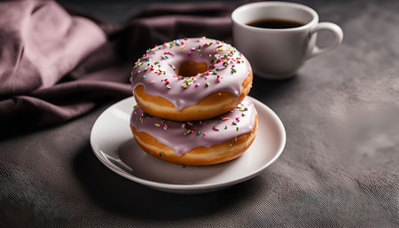Two pink glazed donuts with sprinkles on a white plate. A cup of coffee is visible in the background.の写真素材