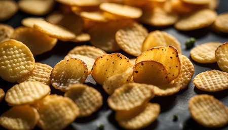 A close-up photo of a group of crispy, golden brown snacks. They are scattered on a black surface and look delicious.の写真素材