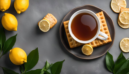 A cup of tea with lemon and waffles. Delicious and refreshing snack for a summer afternoon.の写真素材