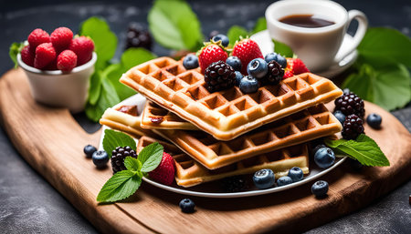 Close-up shot of a plate with delicious waffles topped with fresh blueberries, raspberries, and strawberries. A cup of coffee adds to the tempting breakfast scene.の写真素材