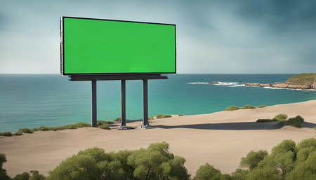 A large green screen billboard stands on a sandy beach overlooking the ocean. The sky is blue with some clouds, and the water is a beautiful turquoise color. The billboard is empty, providing a perfect opportunity for advertisers to display their message.の写真素材