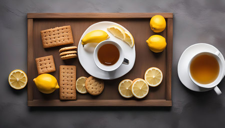 A close-up shot of a tray with a cup of tea, lemon slices, and cookies. A perfect setup for a relaxing break with a warm drink and a sweet treat.の写真素材