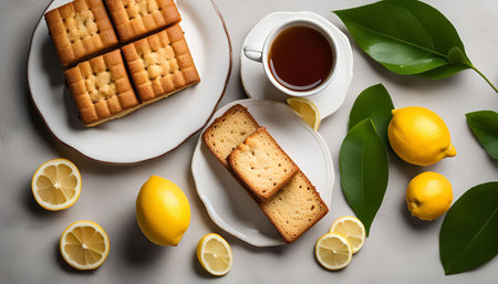 Close-up still life photo of freshly baked shortbread, a cup of tea, lemon slices, and green leaves on a gray background.の写真素材