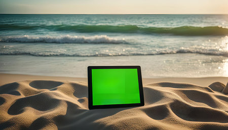 A tablet computer lying on a sandy beach with the ocean and waves in the background.の写真素材