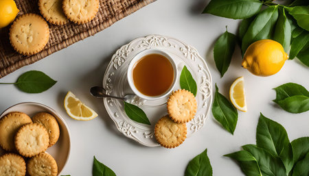 A white cup of tea with lemon and cookies on a white table with green leaves, a perfect composition for a relaxing afternoon.の写真素材