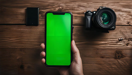 A green screen smartphone held by a hand with a camera and a battery pack on a wooden table.の写真素材