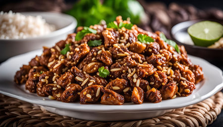 A close-up image of a plate of fried food with nuts and parsley. The food is piled high and looks delicious. The image is taken from a high angle, and the lighting is bright and warm.の写真素材