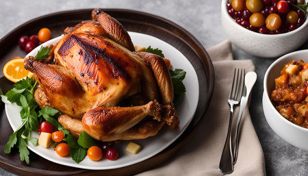 A delicious roasted turkey dinner with cranberry sauce, vegetables and gravy. A perfect holiday...