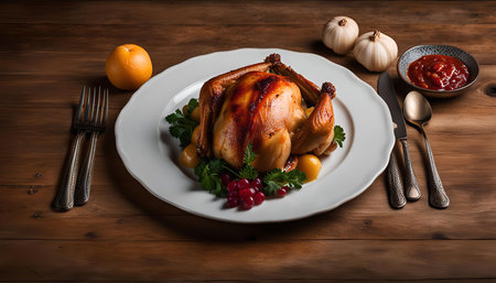 A roasted chicken on a white plate with cranberry sauce, garlic and parsley. It's a delicious looking meal perfect for a Thanksgiving dinner.の写真素材