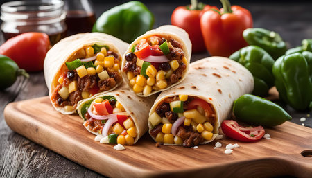 Close up shot of four delicious burritos filled with corn, beef, cheese, tomato, and peppers, on a wooden cutting board.の写真素材