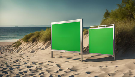 Two blank green screen billboards stand on a sandy beach with an ocean view. The billboards are perfect for advertising or marketingの写真素材