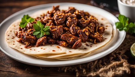 A plate of delicious Asian beef and tortilla dish. The dish is made with tender beef, served on a bed of tortillas.の写真素材
