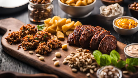 A close-up view of an appetizer platter filled with various snacks and dips, including nuts, seeds, and vegetables. The platter is set on a wooden board, giving the image a rustic feel.の写真素材