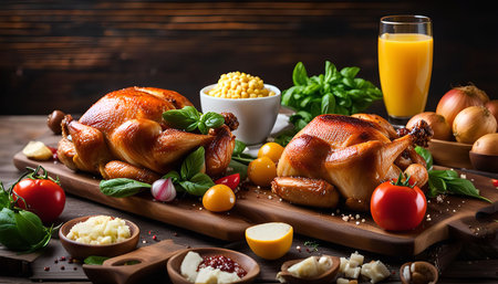 A roasted chicken dish on a wooden board with various side dishes, including tomatoes, basil, garlic, onions, corn, and cheese. A glass of orange juice is also featured.の写真素材