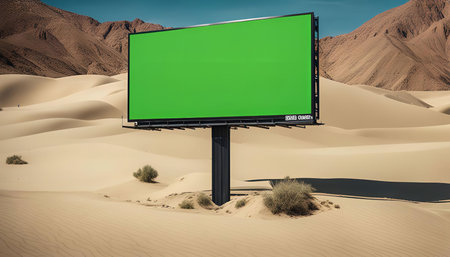 A large green screen billboard stands in the middle of a vast desert landscape. The billboard is empty, with a blank green screen, ready for any message or image.の写真素材