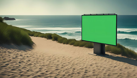 A large billboard with a green screen is placed on a sandy beach, overlooking the ocean. The scene is tranquil with blue skies and waves rolling onto the shore.の写真素材