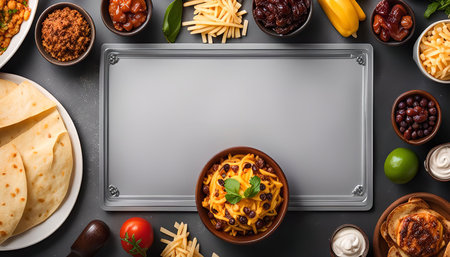 A flat lay image of Mexican food ingredients on a black background. The ingredients include tortillas, cheese, beans, salsa, chili, ground beef, tomatoes, peppers, lime, sour cream, onions, and cilantro. The ingredients are arranged around a silver platter with a blank space in the center.の写真素材