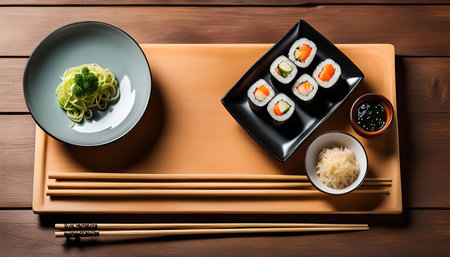 A classic sushi set featuring a variety of maki rolls, chopsticks, soy sauce, wasabi, and ginger, arranged on a wooden tray.の写真素材