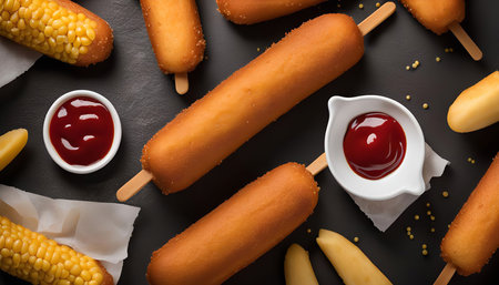 An overhead shot of corn dogs arranged on a dark background with ketchup and corn on the cob. The corn dogs are a classic American snack food and are often served with ketchup and mustard.の写真素材