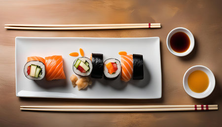 A close-up shot of a sushi platter with soy sauce and chopsticks. The sushi is arranged in a line on a white plate and includes a variety of rolls, including salmon, tuna, and cucumber. The soy sauce and chopsticks are also visible in the photo.の写真素材
