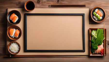 A top view of a wooden table set for sushi with a black frame in the middle, surrounded by sushi pieces, bowls of rice, and ingredients.の写真素材